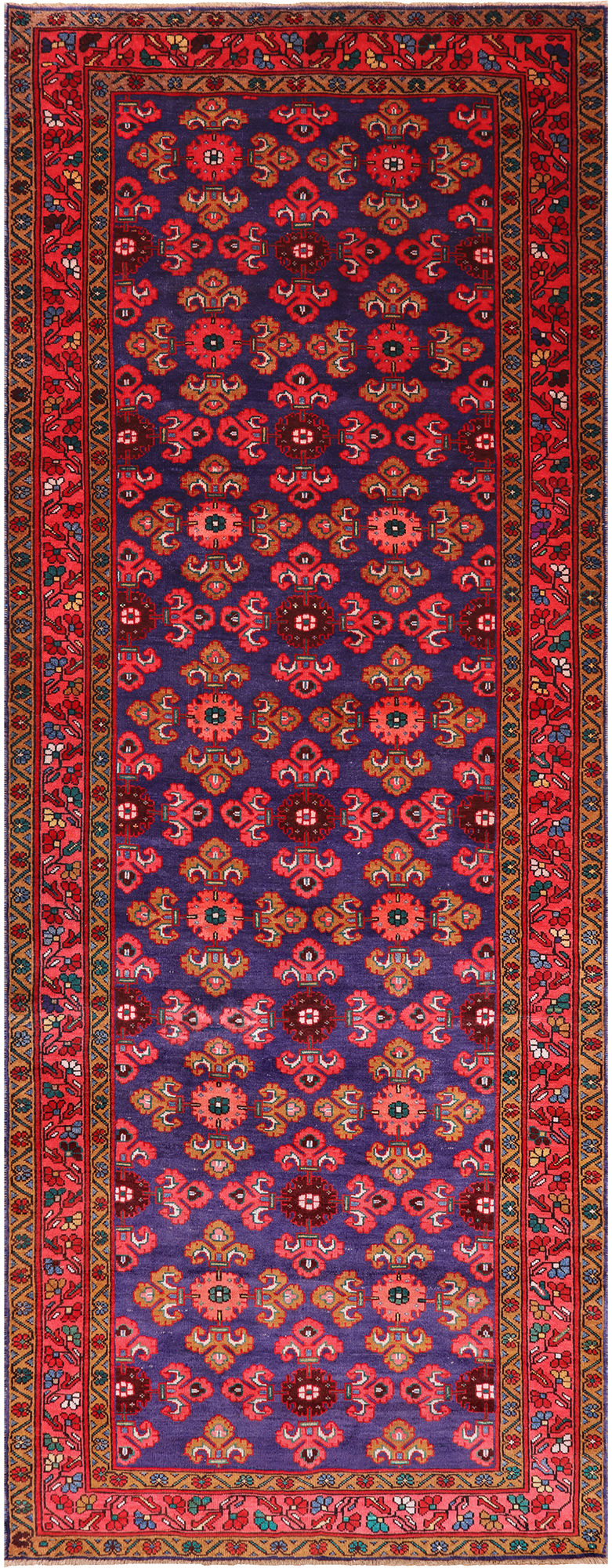 Blue Vintage Persian Hamadan Hand Knotted Wool Runner Rug - 4' 2" X 11' 3"