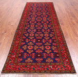 Blue Vintage Persian Hamadan Hand Knotted Wool Runner Rug - 4' 2" X 11' 3"