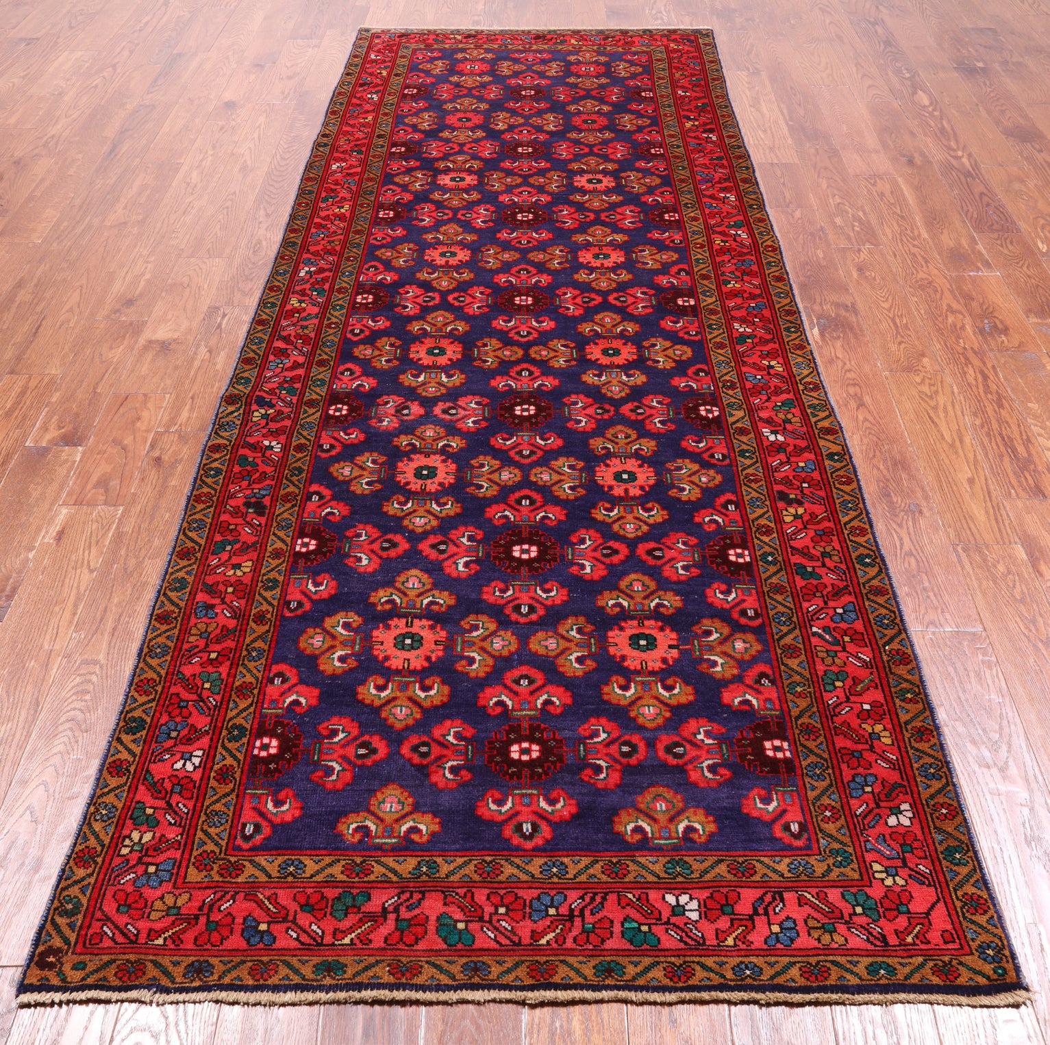 Blue Vintage Persian Hamadan Hand Knotted Wool Runner Rug - 4' 2" X 11' 3"