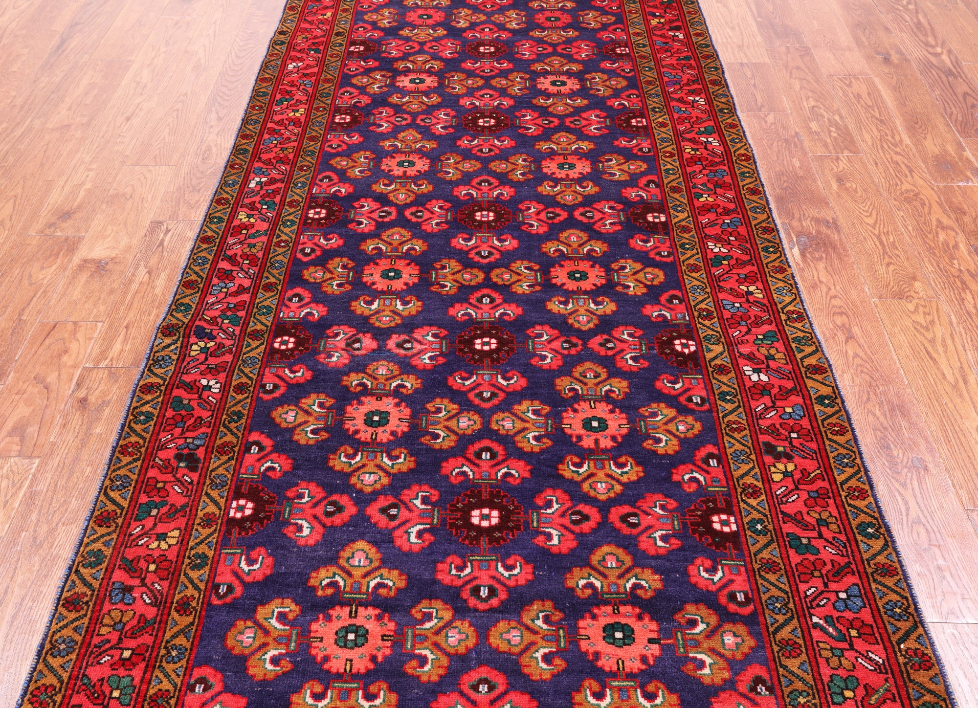 Blue Vintage Persian Hamadan Hand Knotted Wool Runner Rug - 4' 2" X 11' 3"