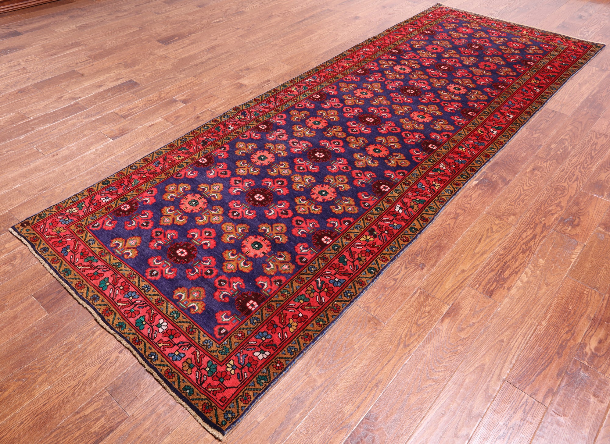 Blue Vintage Persian Hamadan Hand Knotted Wool Runner Rug - 4' 2" X 11' 3"