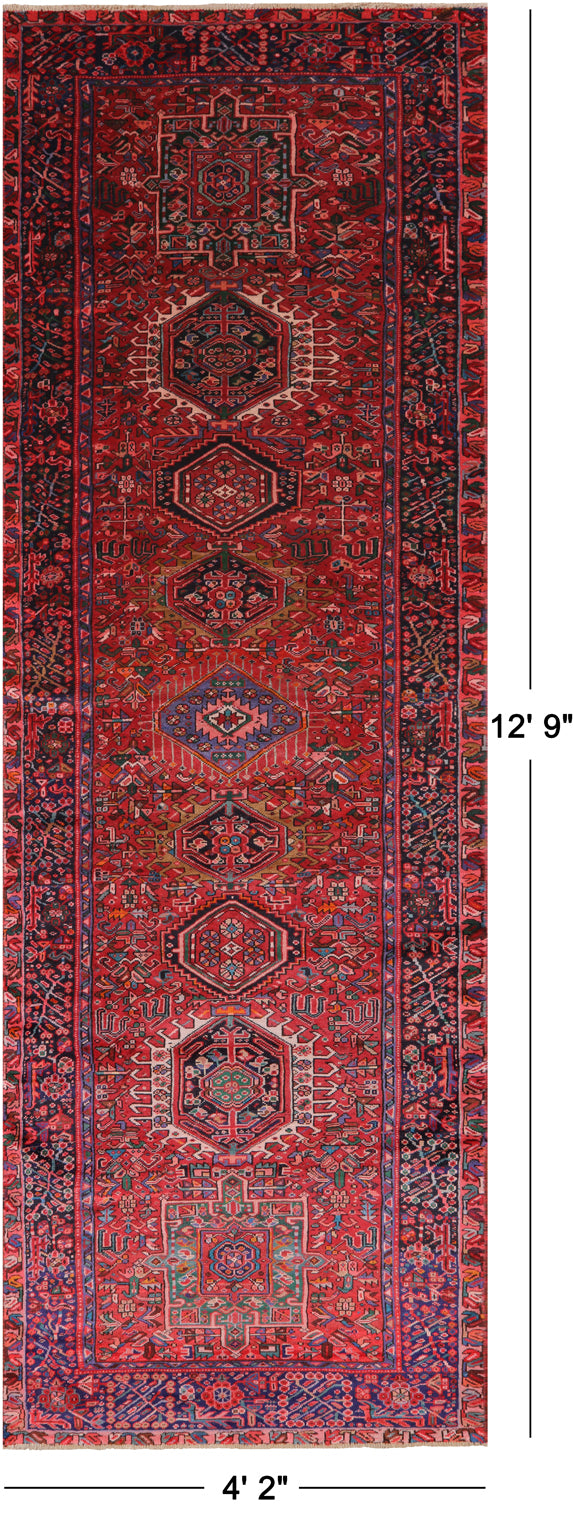 Red Vintage Persian Heriz Serapi Hand-Knotted Wool Runner Rug - 4' 2" X 12' 9"
