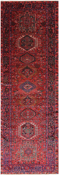 Red Vintage Persian Heriz Serapi Hand-Knotted Wool Runner Rug - 4' 2" X 12' 9"