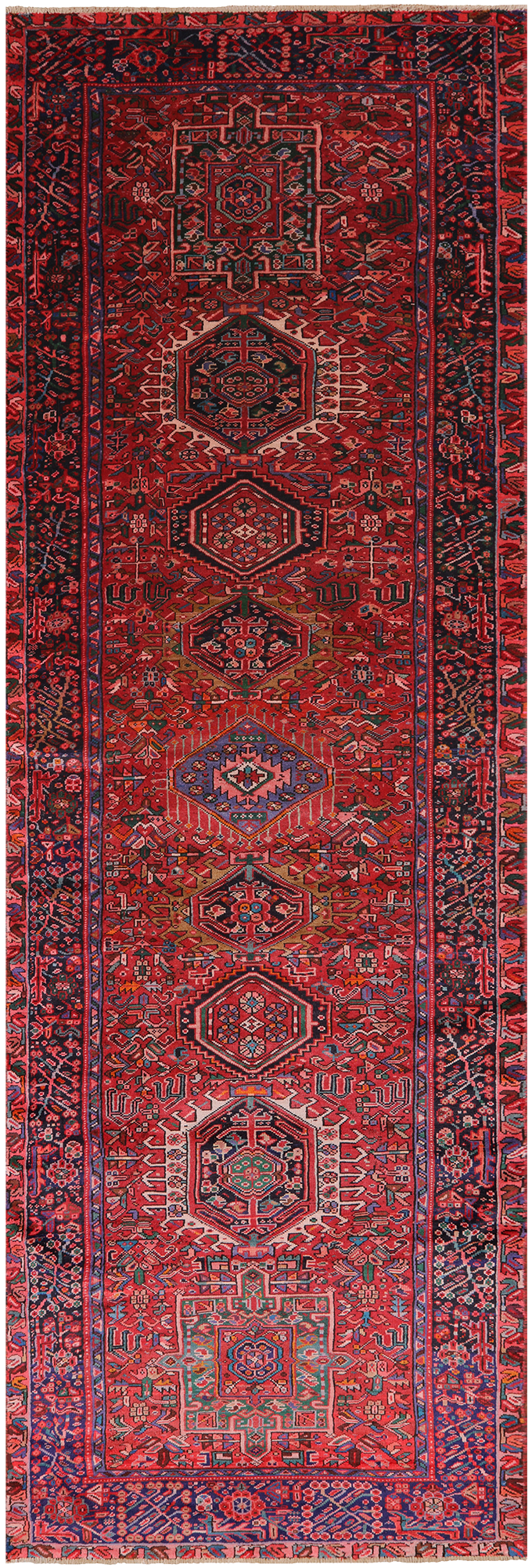 Red Vintage Persian Heriz Serapi Hand-Knotted Wool Runner Rug - 4' 2" X 12' 9"