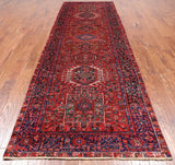Red Vintage Persian Heriz Serapi Hand-Knotted Wool Runner Rug - 4' 2" X 12' 9"