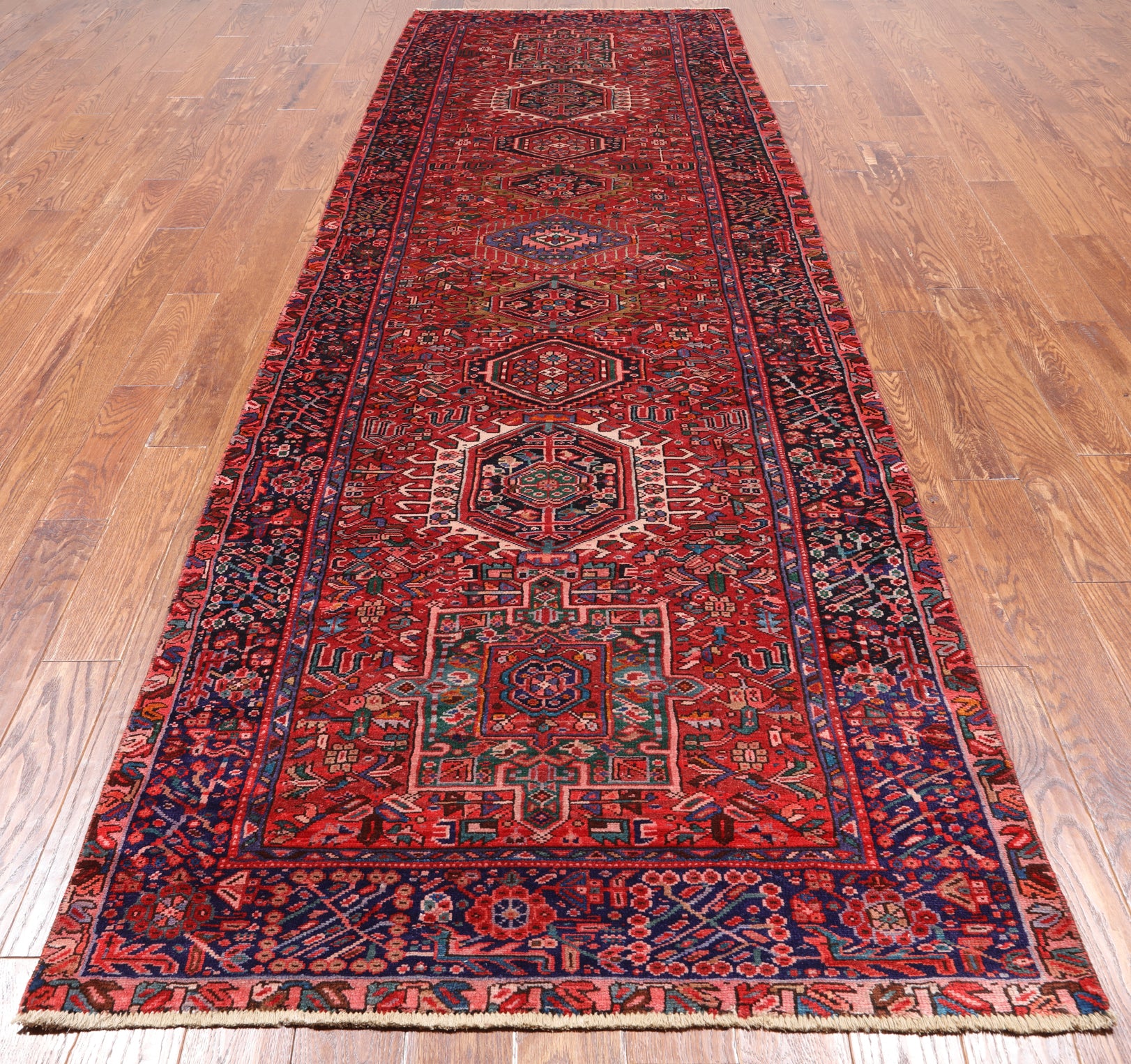 Red Vintage Persian Heriz Serapi Hand-Knotted Wool Runner Rug - 4' 2" X 12' 9"