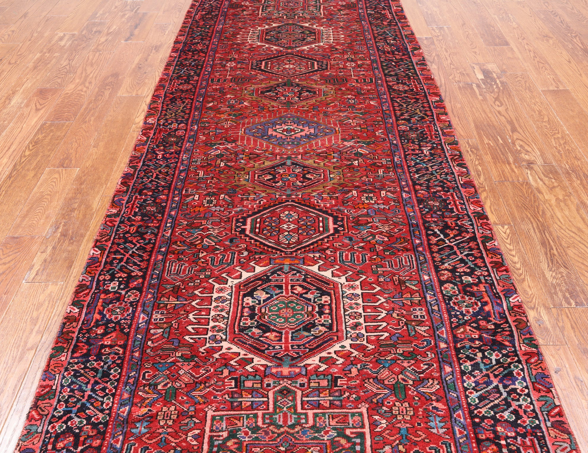 Red Vintage Persian Heriz Serapi Hand-Knotted Wool Runner Rug - 4' 2" X 12' 9"