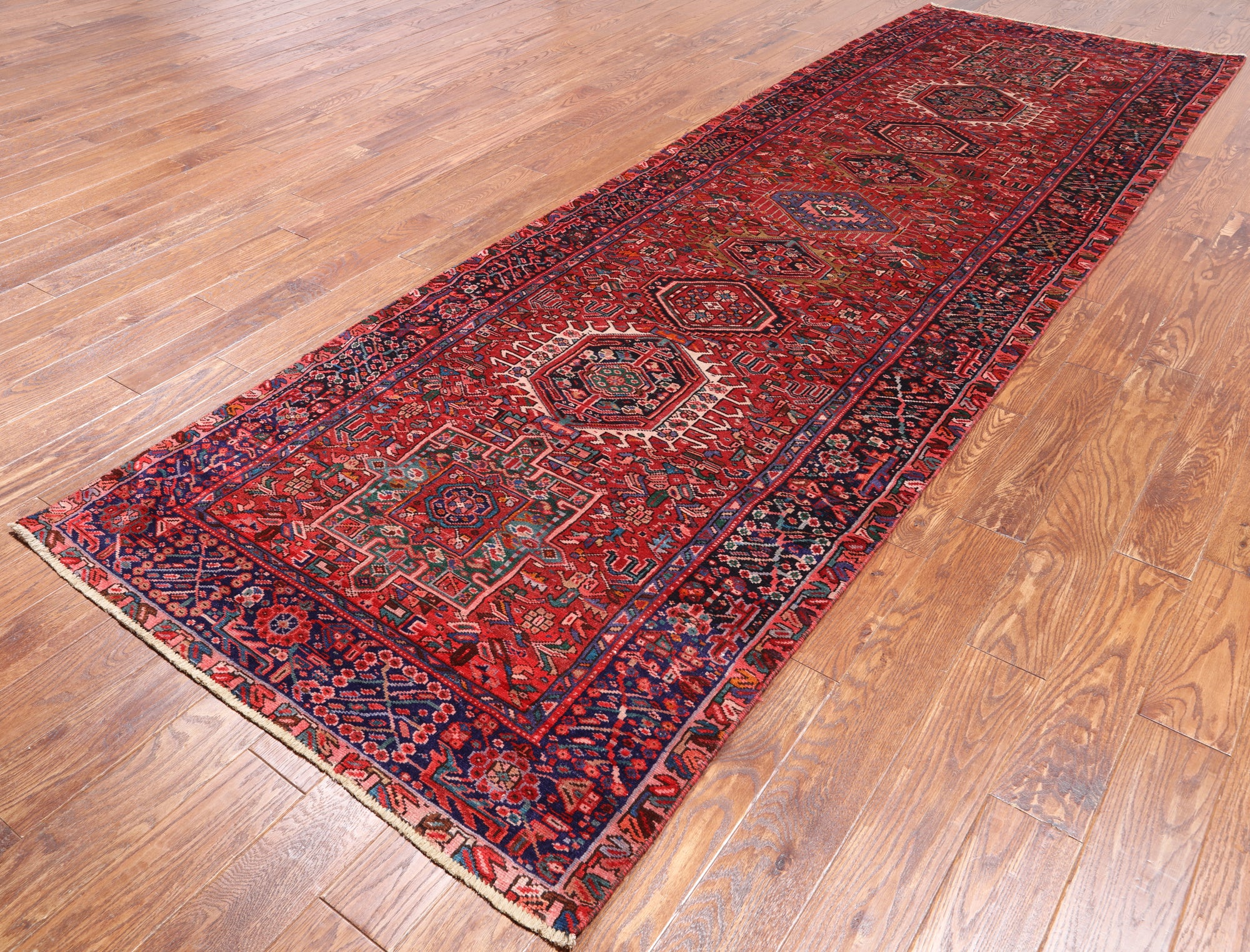 Red Vintage Persian Heriz Serapi Hand-Knotted Wool Runner Rug - 4' 2" X 12' 9"