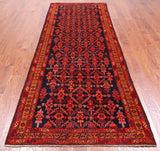 Navy Blue Vintage Persian Hamadan Hand Knotted Wool Runner Rug - 4' 1" X 10' 3"