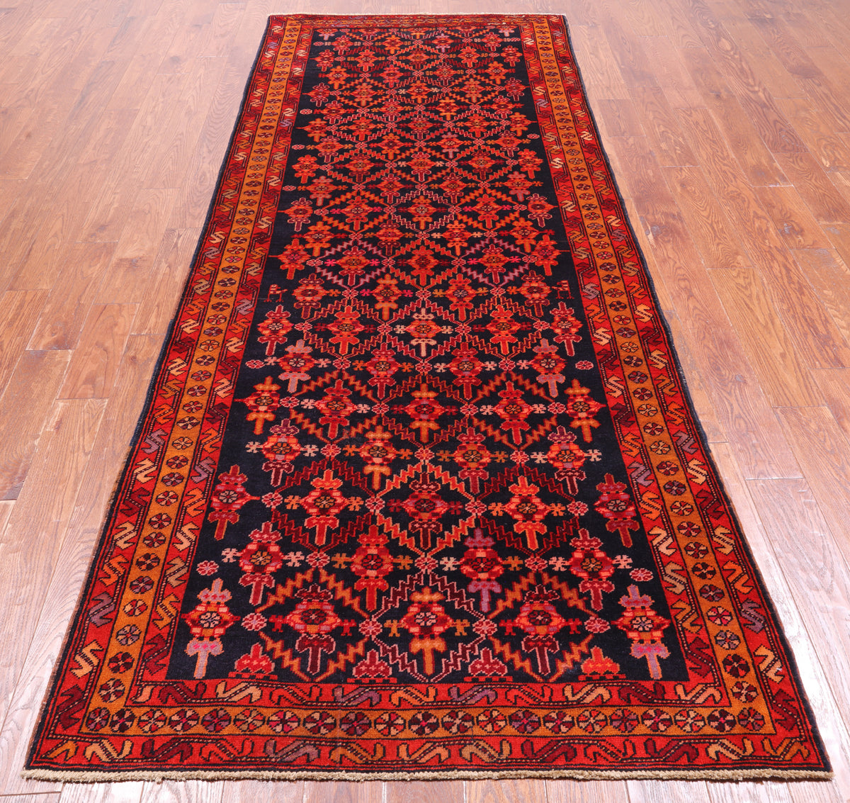 Navy Blue Vintage Persian Hamadan Hand Knotted Wool Runner Rug - 4' 1" X 10' 3"