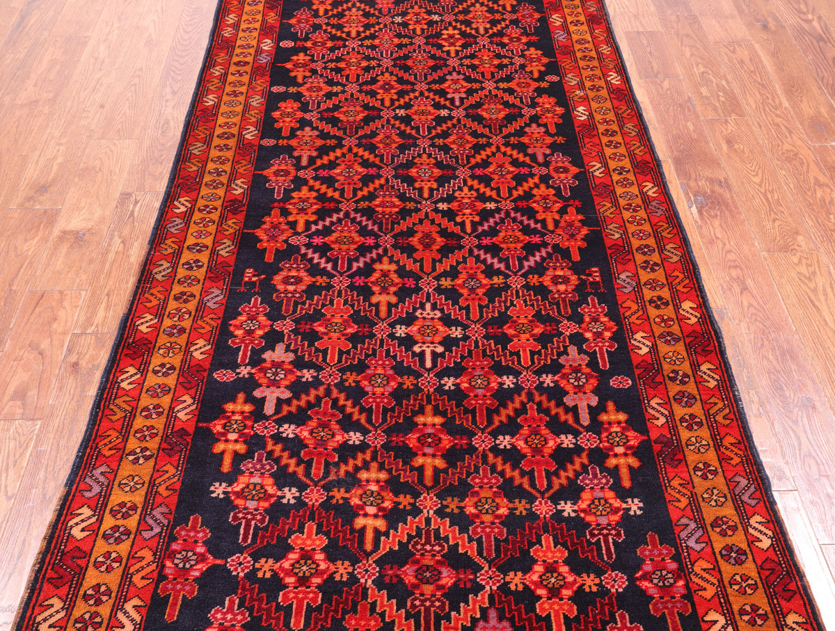 Navy Blue Vintage Persian Hamadan Hand Knotted Wool Runner Rug - 4' 1" X 10' 3"