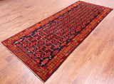 Navy Blue Vintage Persian Hamadan Hand Knotted Wool Runner Rug - 4' 1" X 10' 3"
