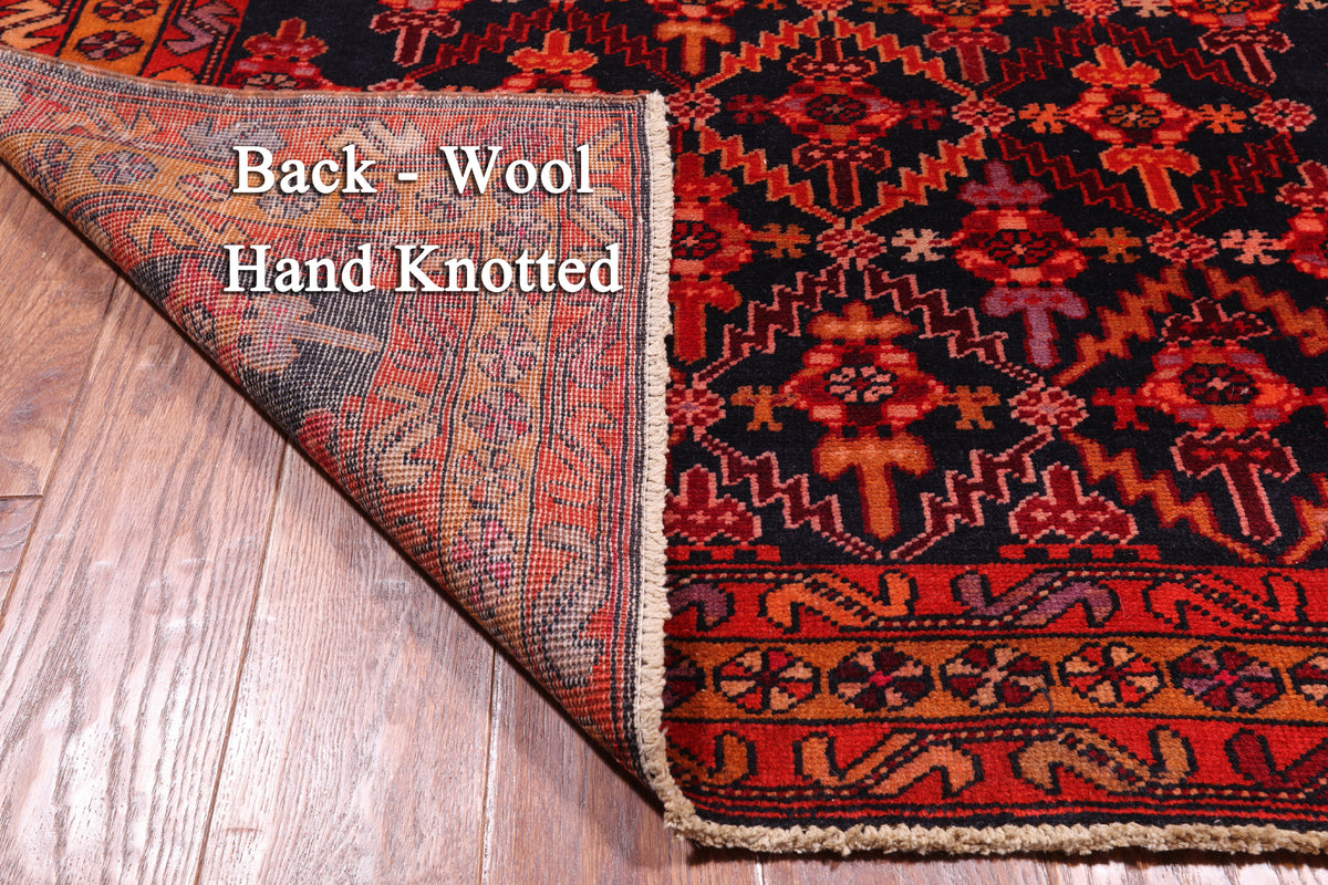 Navy Blue Vintage Persian Hamadan Hand Knotted Wool Runner Rug - 4' 1" X 10' 3"