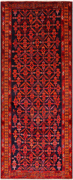 Navy Blue Vintage Persian Hamadan Hand Knotted Wool Runner Rug - 4' 1" X 10' 3"