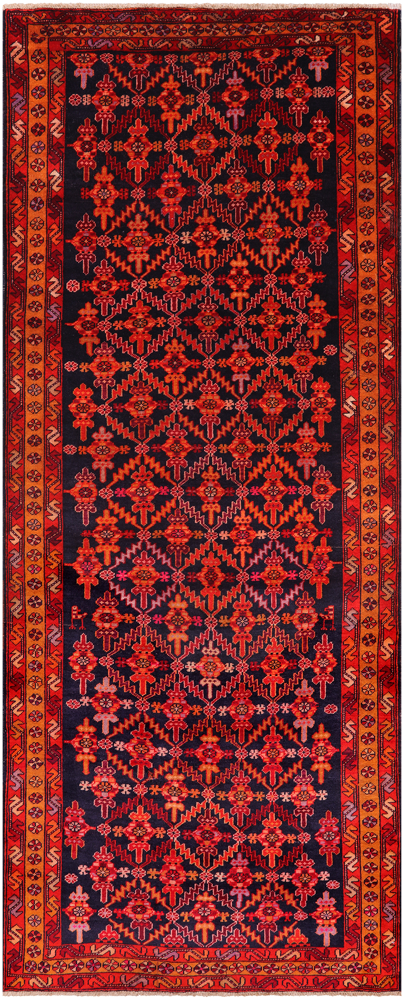 Navy Blue Vintage Persian Hamadan Hand Knotted Wool Runner Rug - 4' 1" X 10' 3"