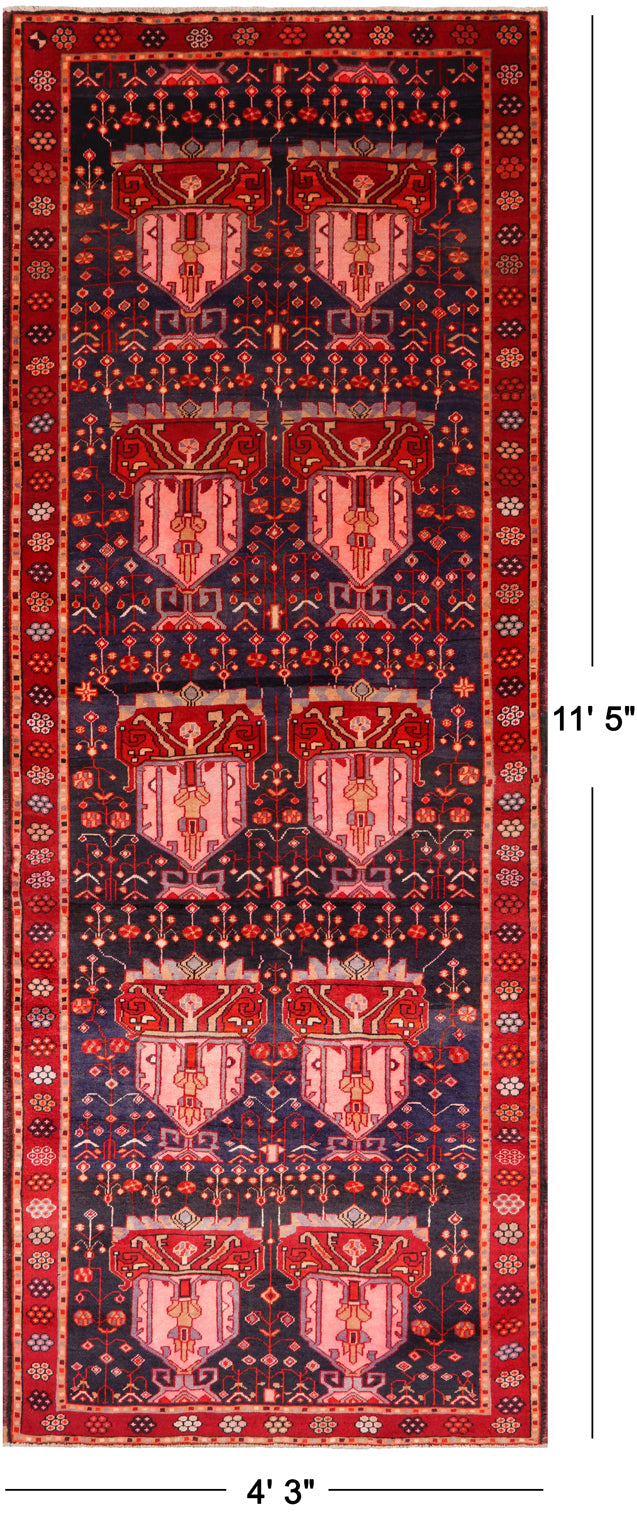 Navy Blue Vintage Persian Handmade Wool Runner Rug - 4' 3" X 11' 5"