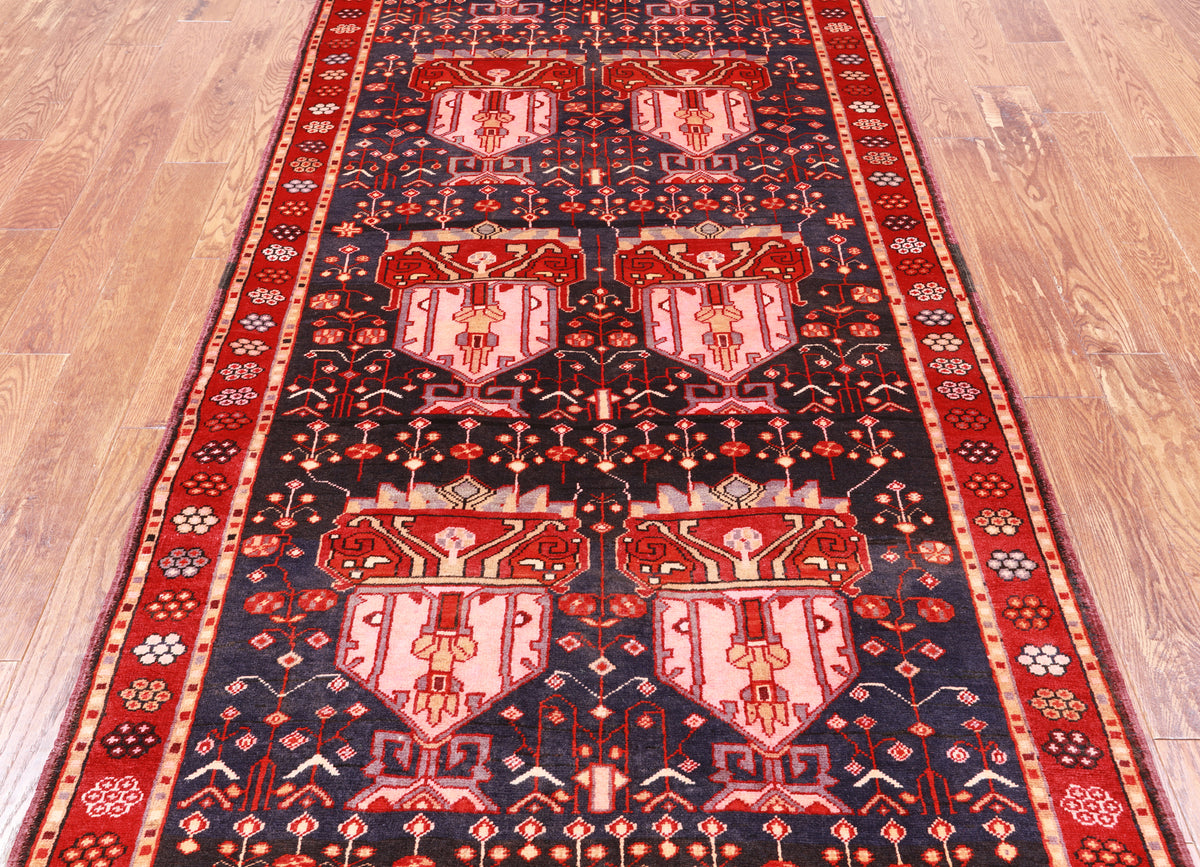 Navy Blue Vintage Persian Handmade Wool Runner Rug - 4' 3" X 11' 5"