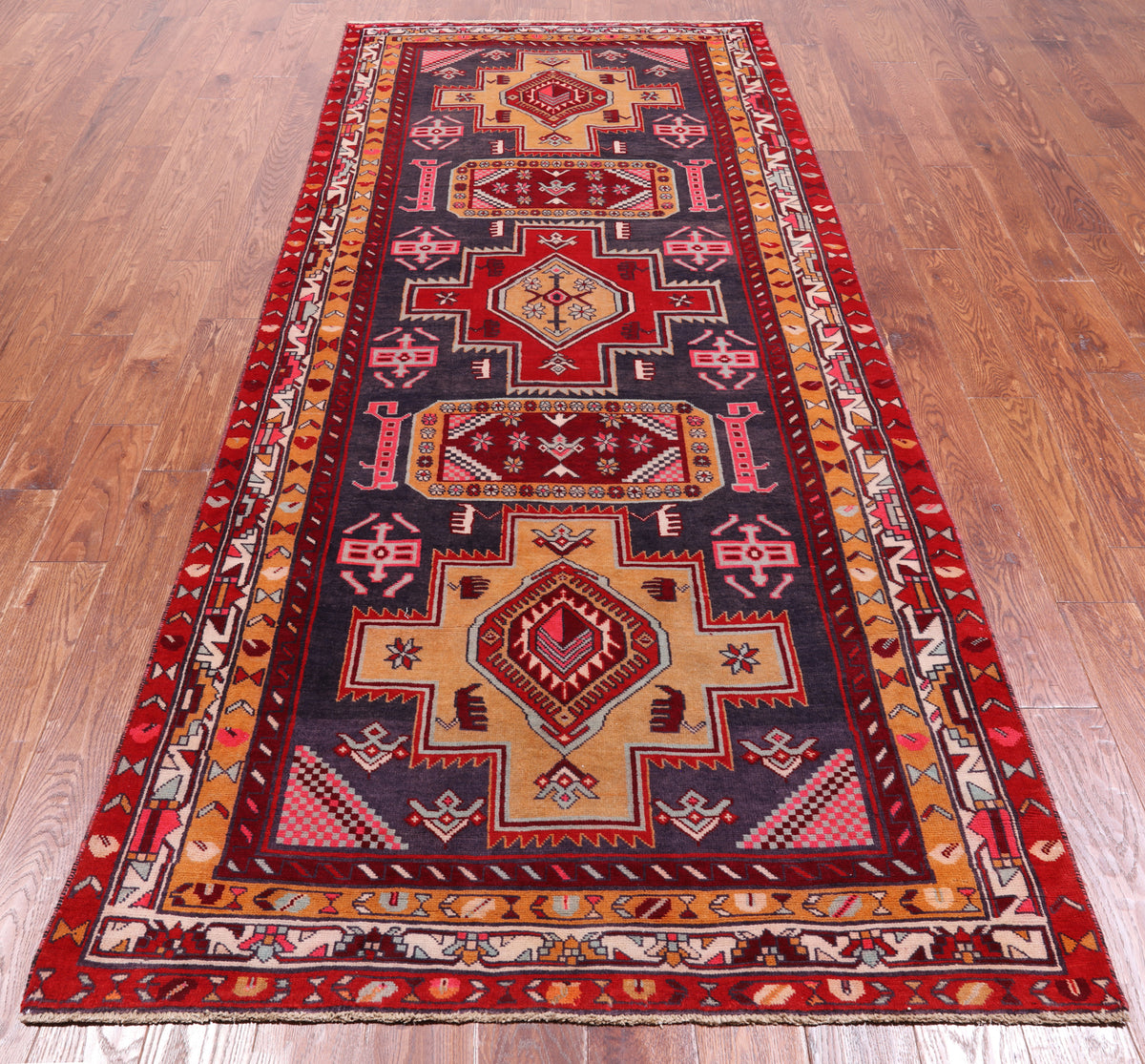 Eggplant Color Vintage Persian Hand Knotted Wool Runner Rug - 4' 2" X 9' 11"