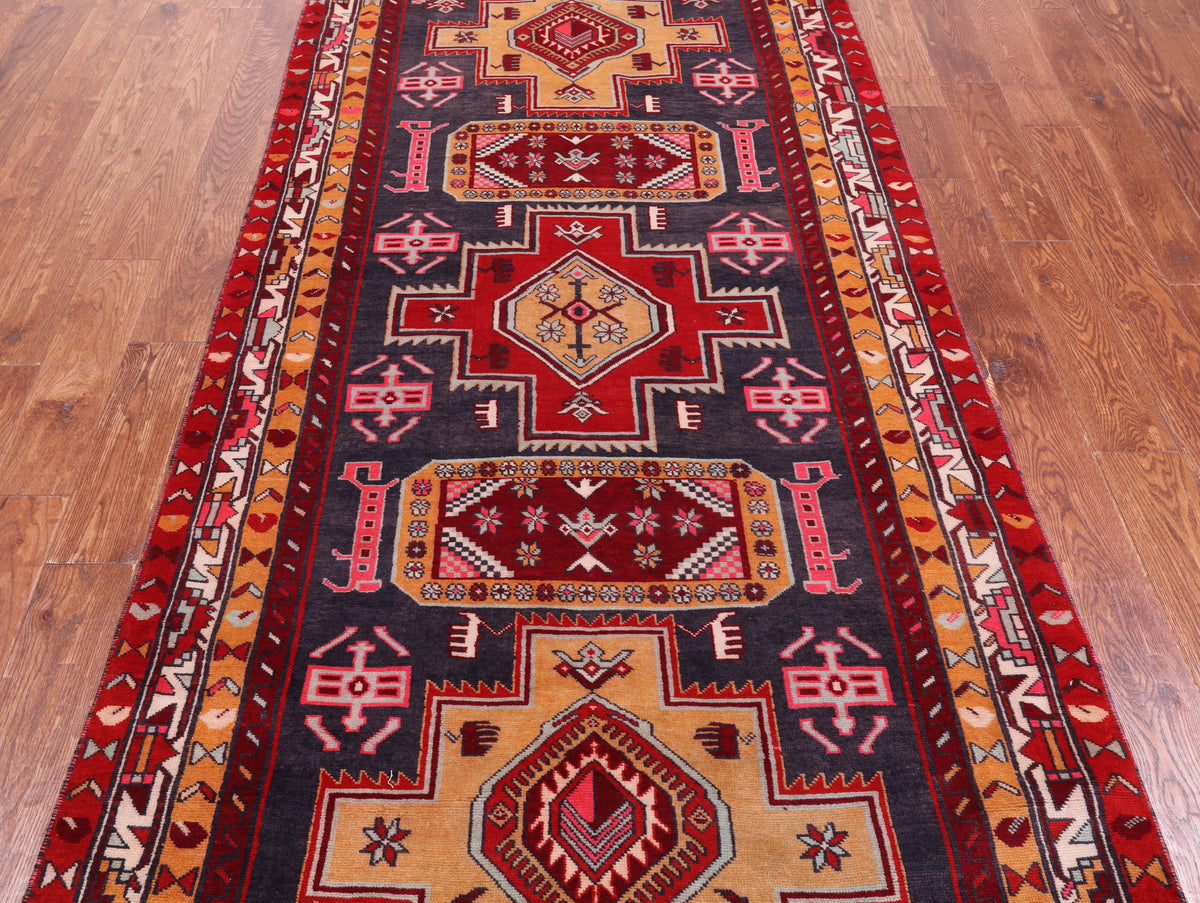 Eggplant Color Vintage Persian Hand Knotted Wool Runner Rug - 4' 2" X 9' 11"