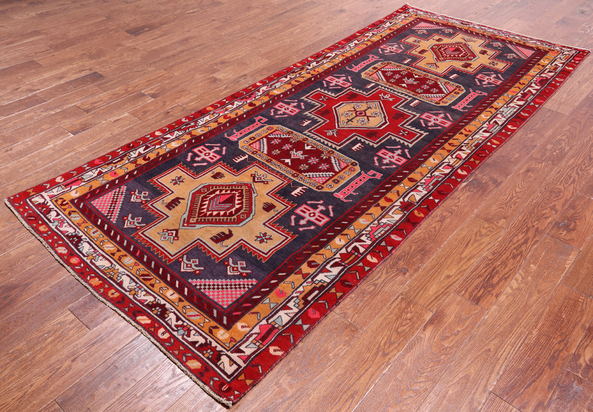 Eggplant Color Vintage Persian Hand Knotted Wool Runner Rug - 4' 2" X 9' 11"