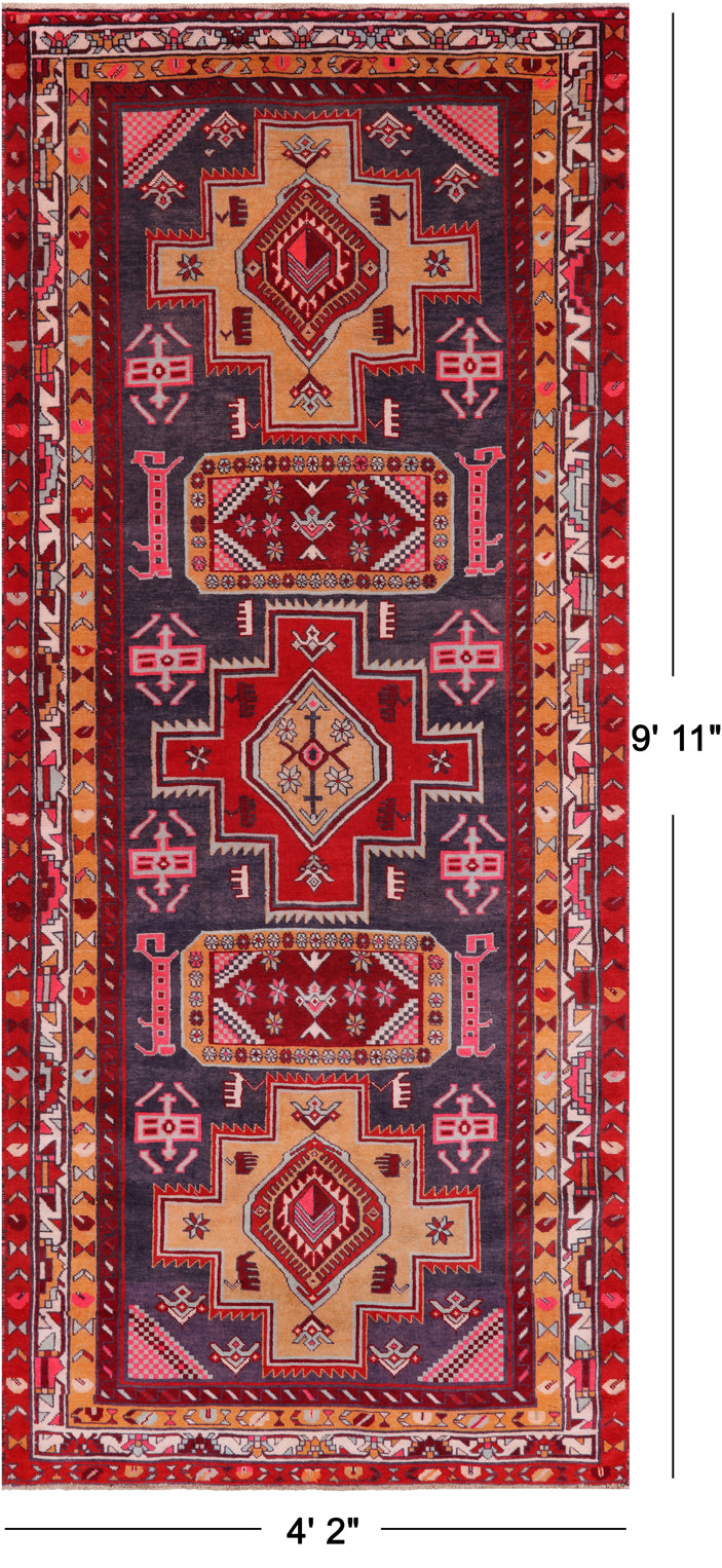 Eggplant Color Vintage Persian Hand Knotted Wool Runner Rug - 4' 2" X 9' 11"