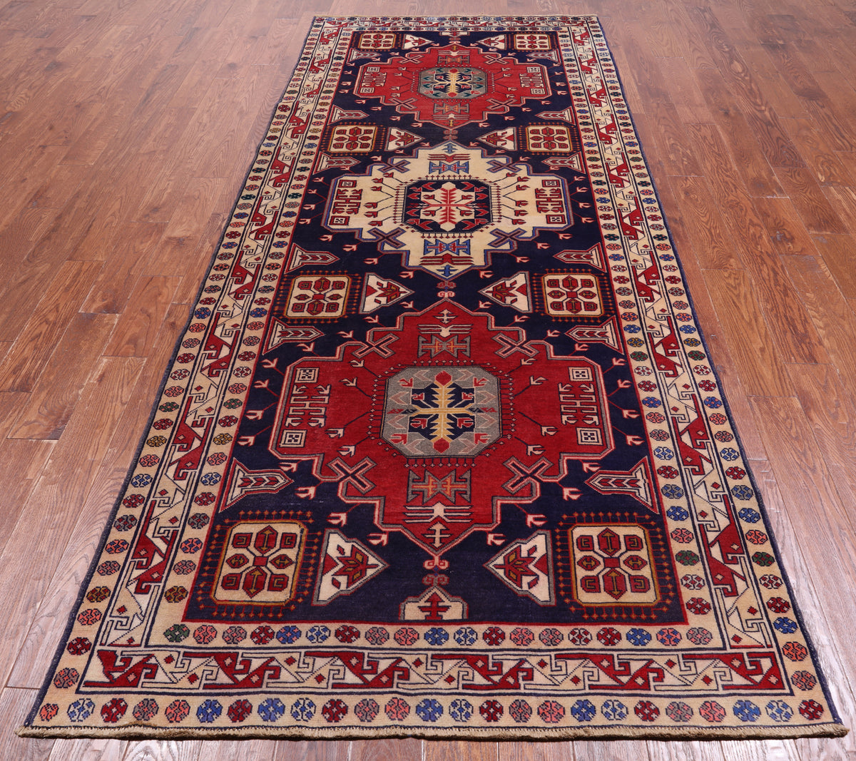 Navy Blue Vintage Persian Heriz Serapi Hand-Knotted Wool Rug - 4' 8" X 11' 1"