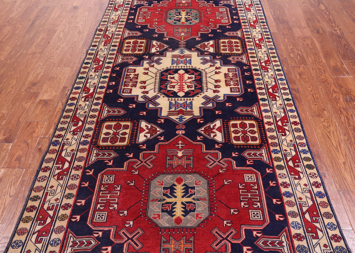 Navy Blue Vintage Persian Heriz Serapi Hand-Knotted Wool Rug - 4' 8" X 11' 1"