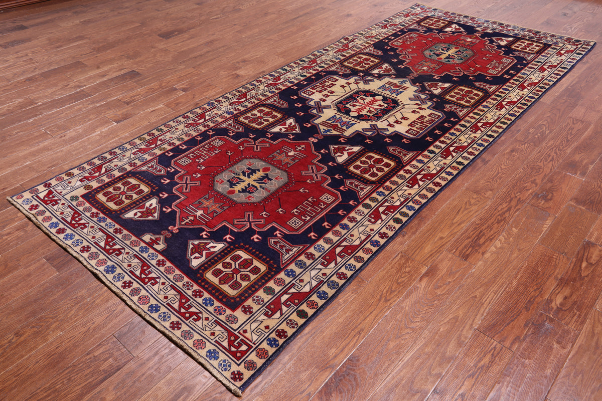 Navy Blue Vintage Persian Heriz Serapi Hand-Knotted Wool Rug - 4' 8" X 11' 1"