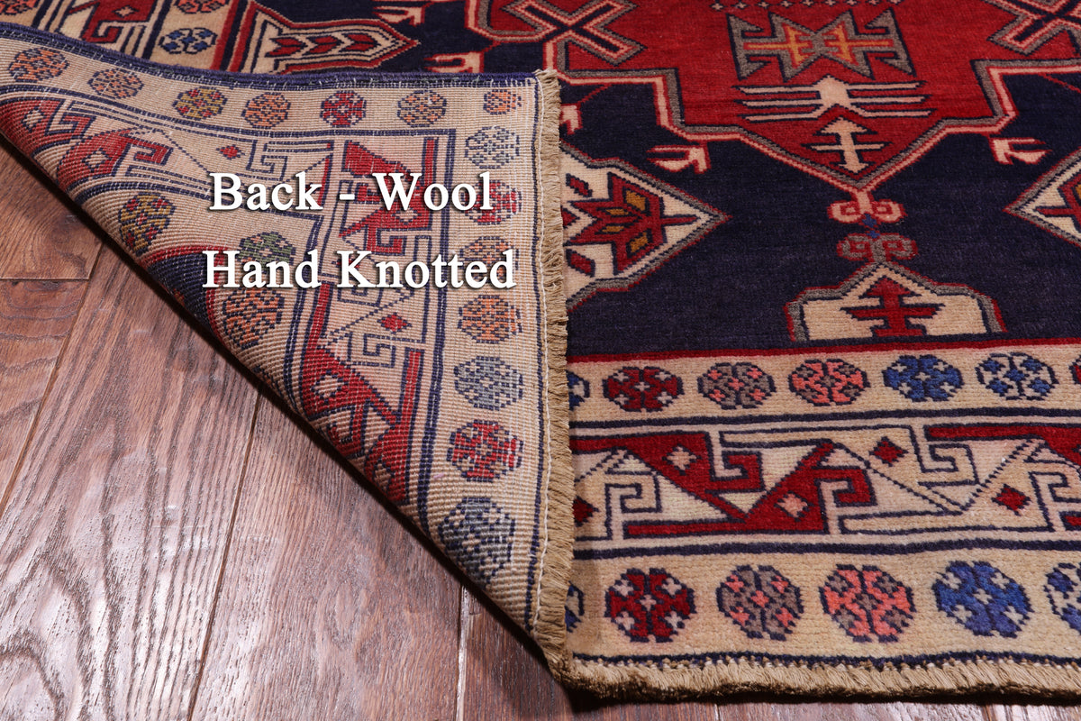 Navy Blue Vintage Persian Heriz Serapi Hand-Knotted Wool Rug - 4' 8" X 11' 1"