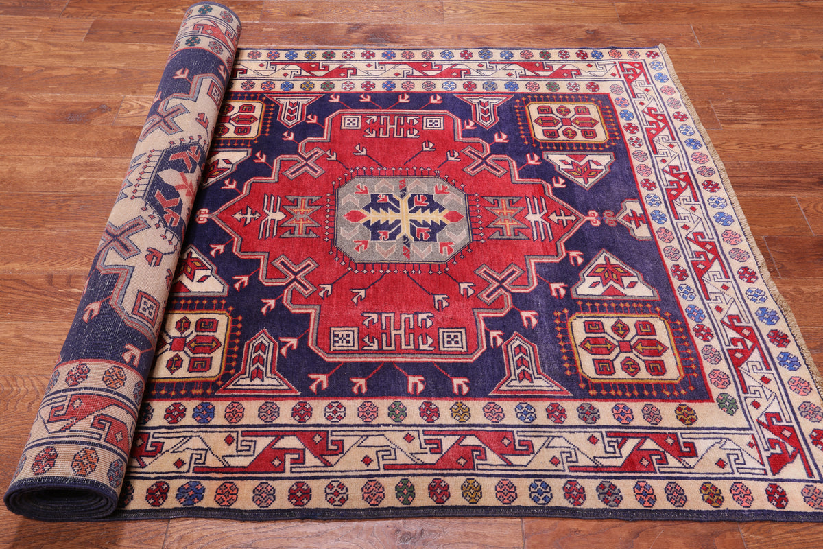 Navy Blue Vintage Persian Heriz Serapi Hand-Knotted Wool Rug - 4' 8" X 11' 1"