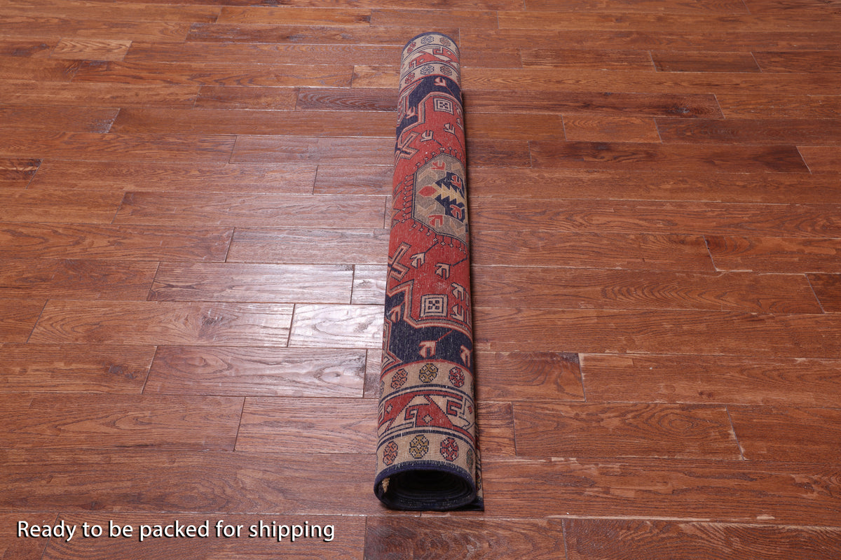 Navy Blue Vintage Persian Heriz Serapi Hand-Knotted Wool Rug - 4' 8" X 11' 1"