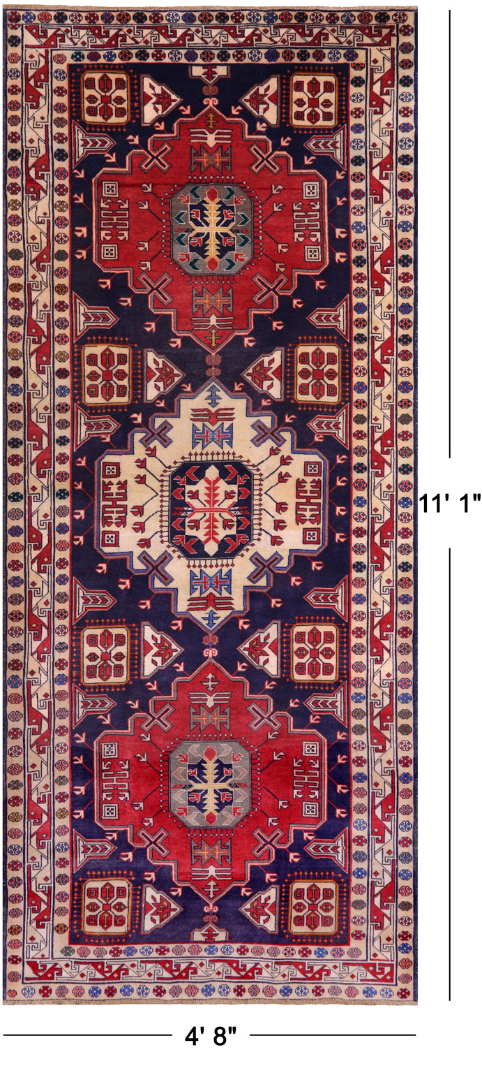 Navy Blue Vintage Persian Heriz Serapi Hand-Knotted Wool Rug - 4' 8" X 11' 1"