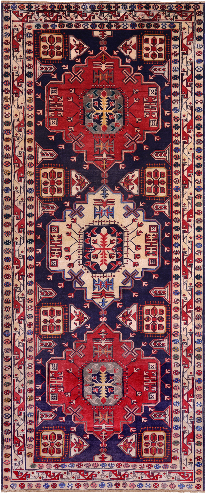Navy Blue Vintage Persian Heriz Serapi Hand-Knotted Wool Rug - 4' 8" X 11' 1"
