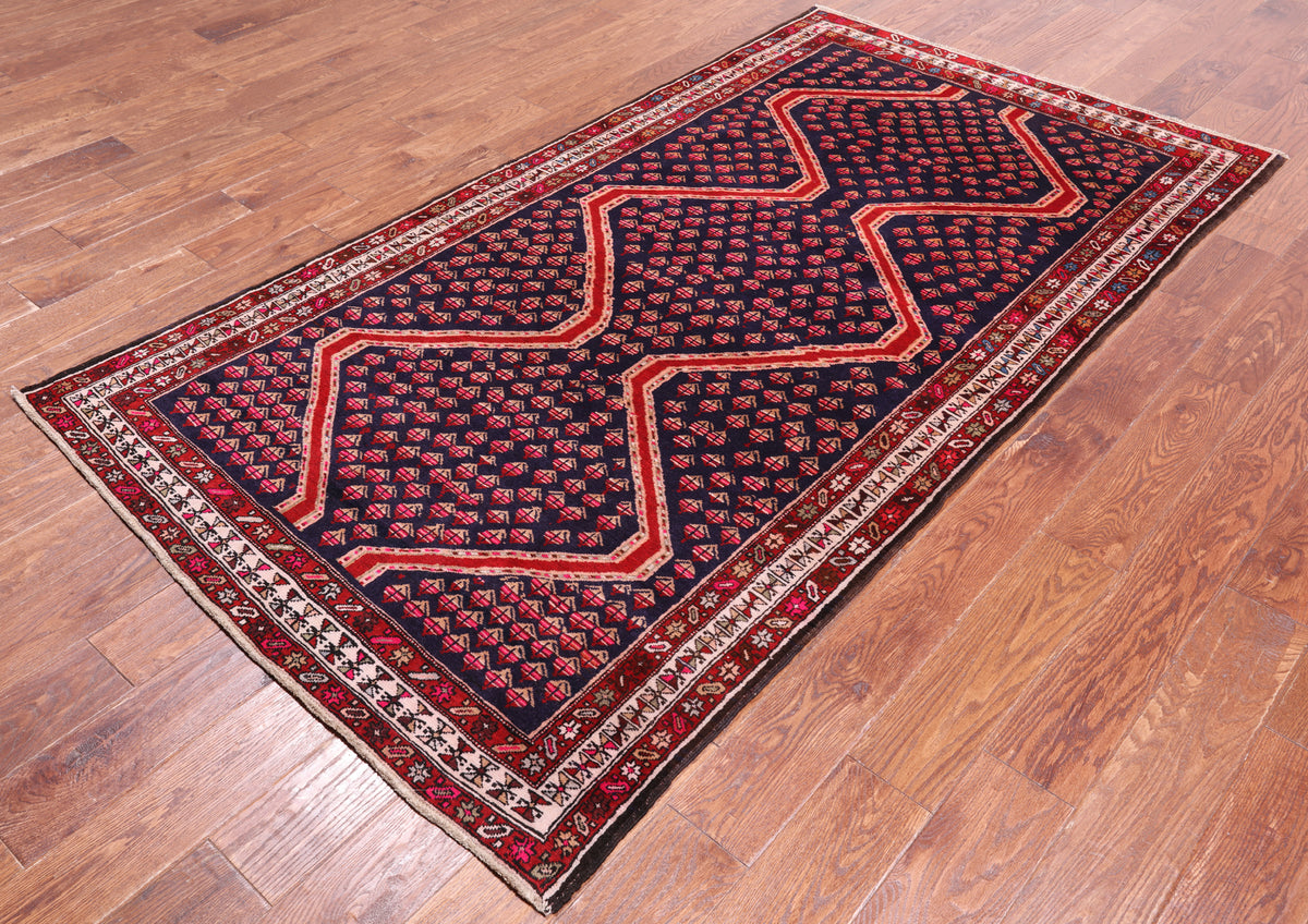 Navy Blue Vintage Persian Hand Knotted Wool Rug - 4' 2" X 7' 8"