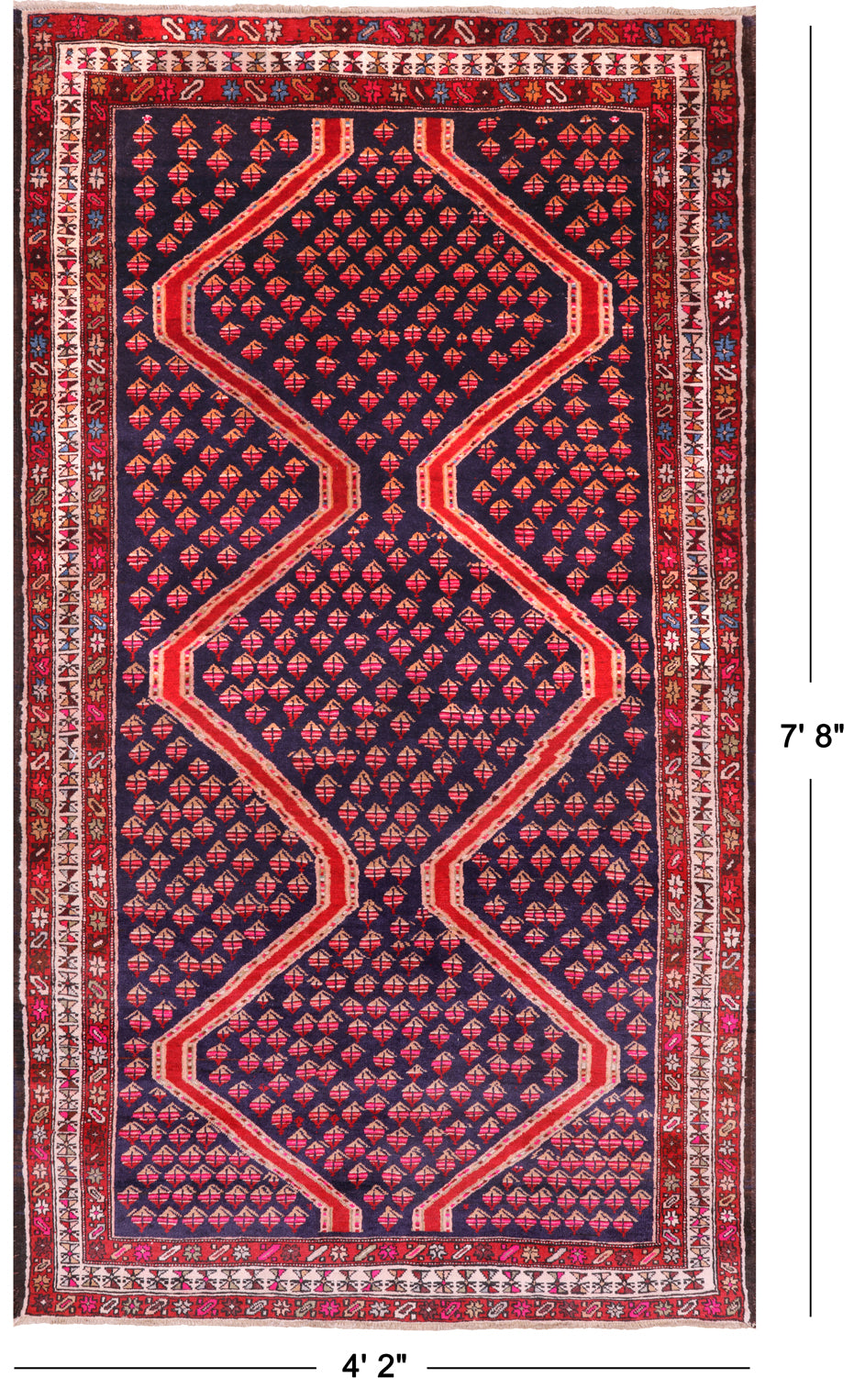 Navy Blue Vintage Persian Hand Knotted Wool Rug - 4' 2" X 7' 8"
