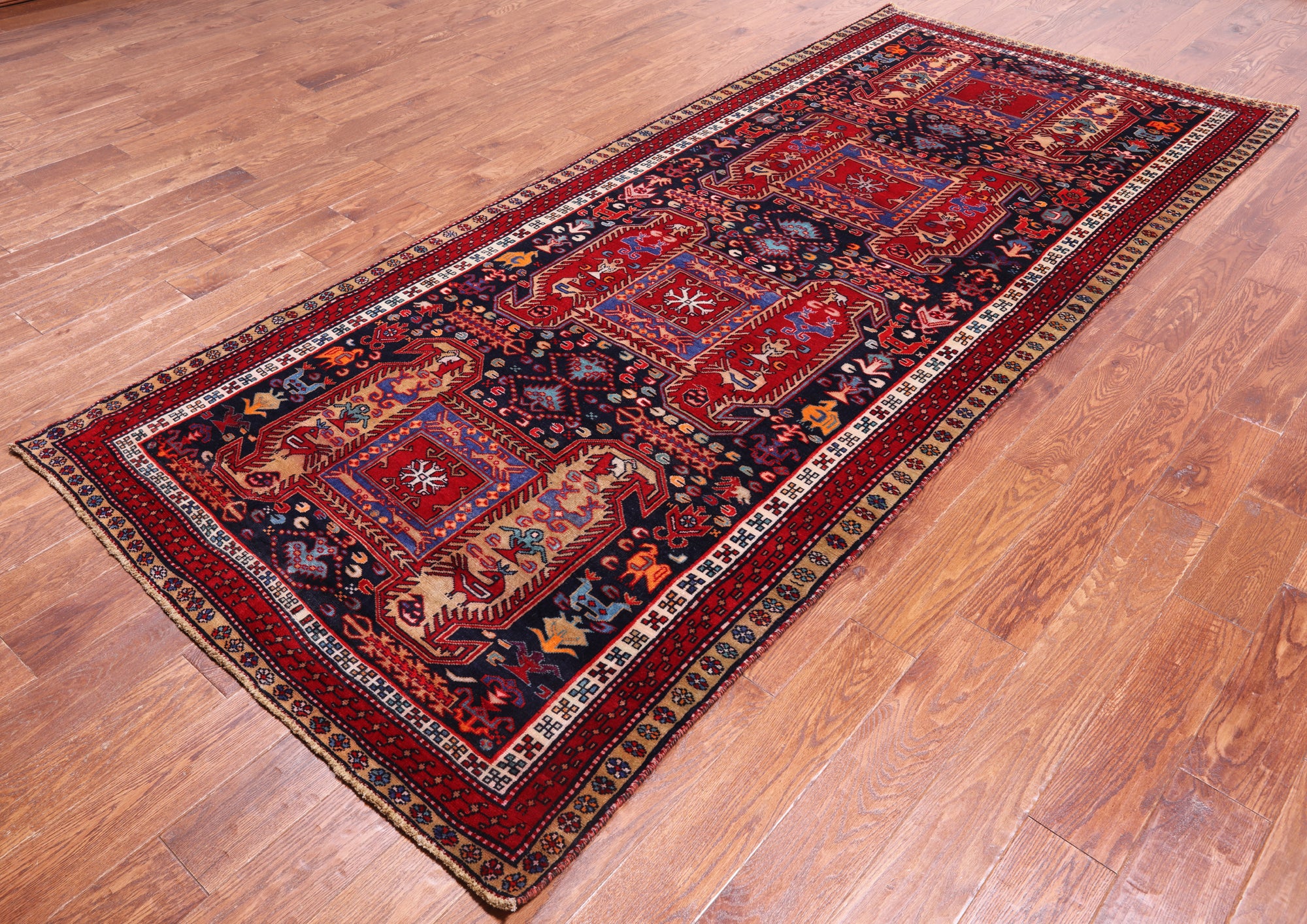 Navy Blue Vintage Persian Hand Knotted Wool Runner Rug - 4' 7" X 10' 5"