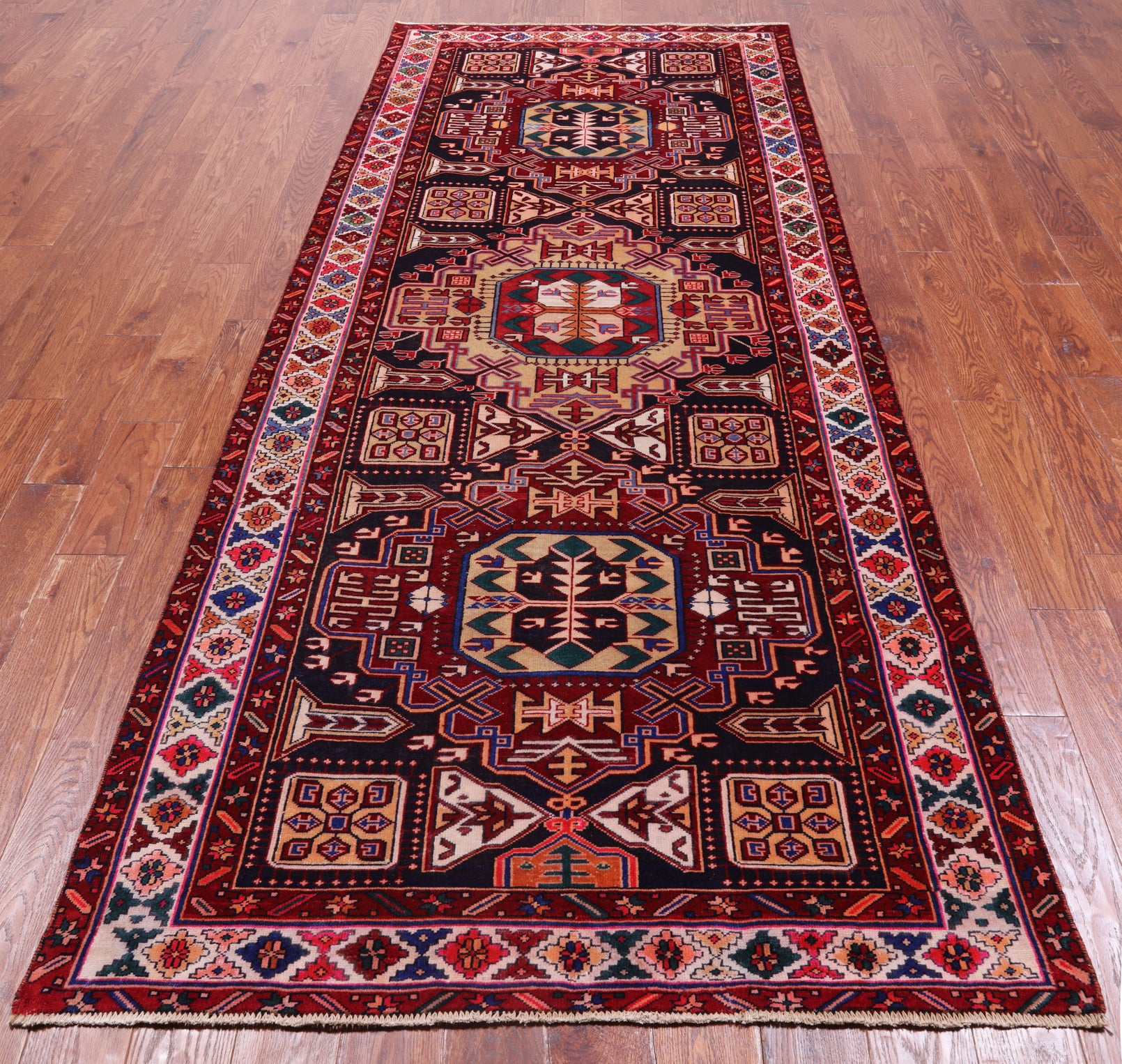 Navy Blue Vintage Persian Handmade Wool Runner Rug - 4' 2" X 9' 11"