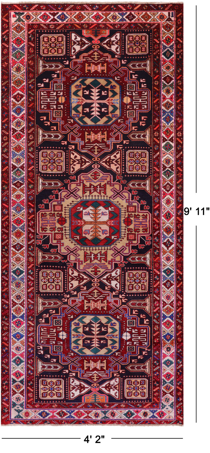 Navy Blue Vintage Persian Handmade Wool Runner Rug - 4' 2" X 9' 11"