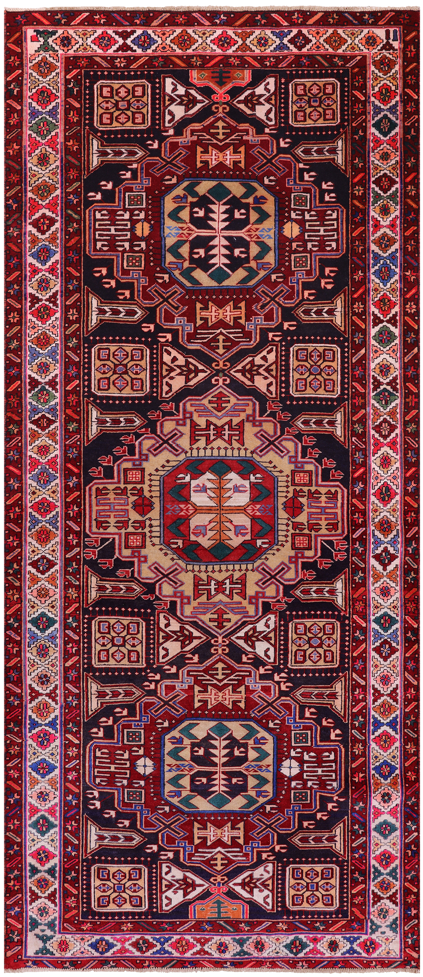 Navy Blue Vintage Persian Handmade Wool Runner Rug - 4' 2" X 9' 11"