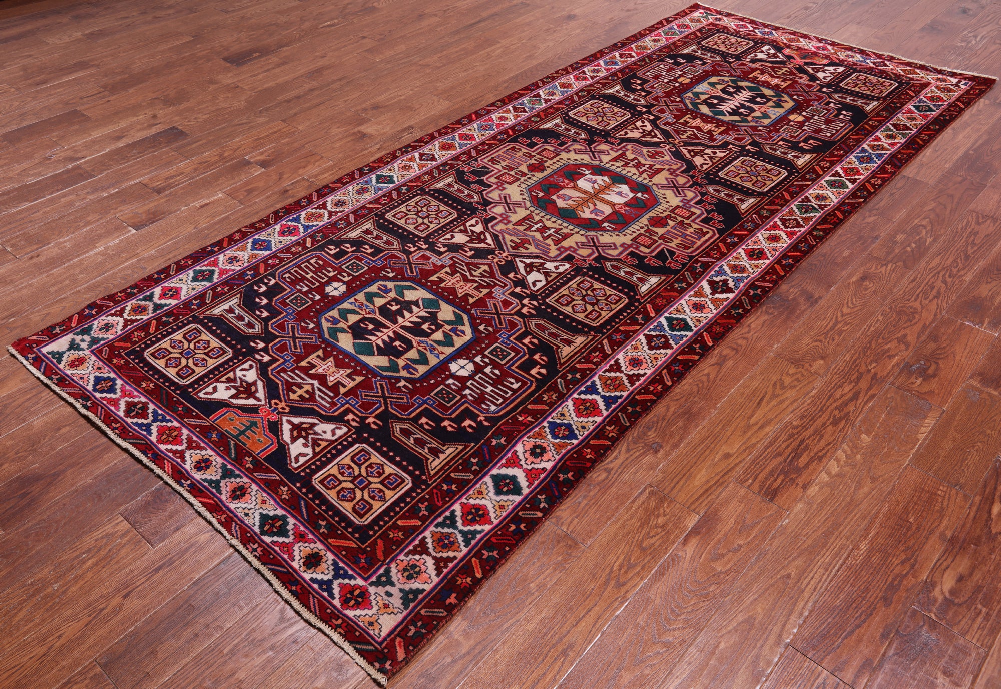 Navy Blue Vintage Persian Handmade Wool Runner Rug - 4' 2" X 9' 11"