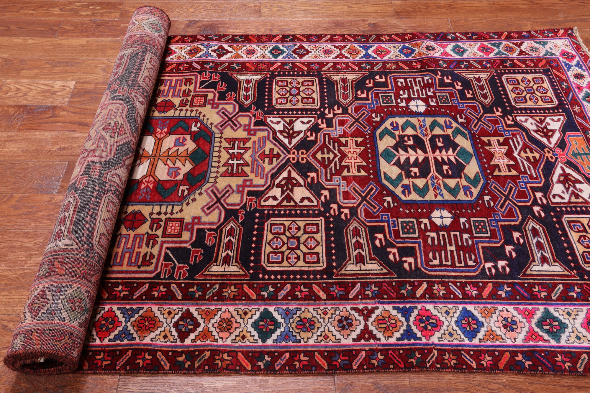 Navy Blue Vintage Persian Handmade Wool Runner Rug - 4' 2" X 9' 11"