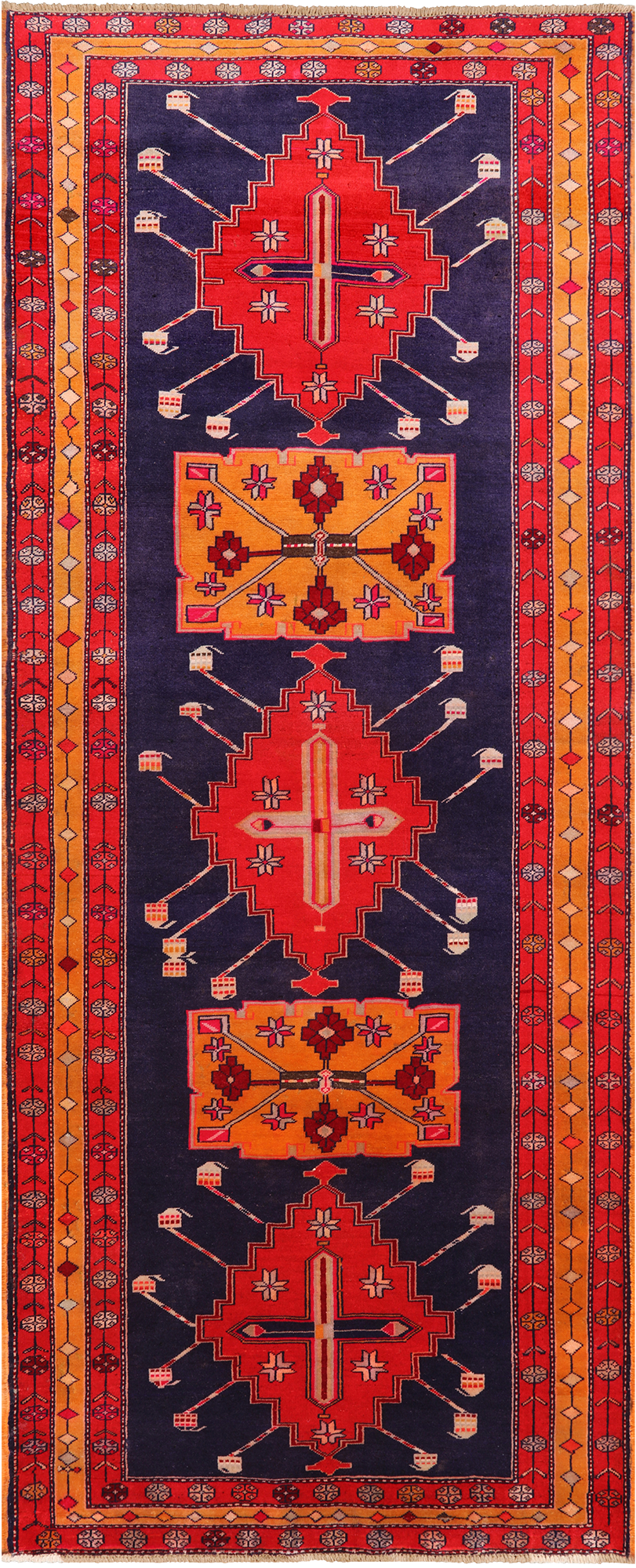 Navy Blue Vintage Persian Hand Knotted Wool Runner Rug - 4' 4" X 10' 8"