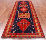 Navy Blue Vintage Persian Hand Knotted Wool Runner Rug - 4' 4" X 10' 8"