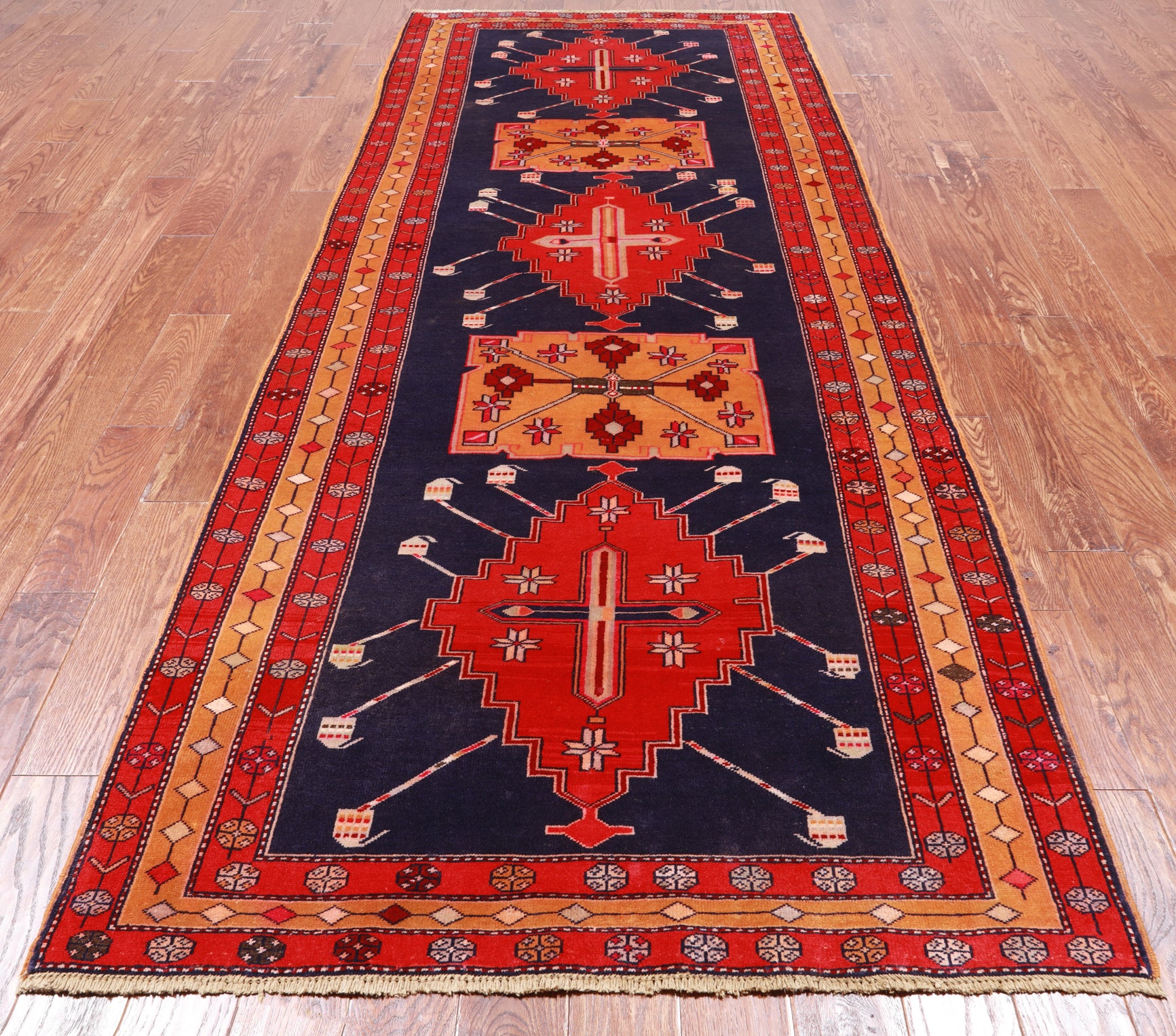 Navy Blue Vintage Persian Hand Knotted Wool Runner Rug - 4' 4" X 10' 8"