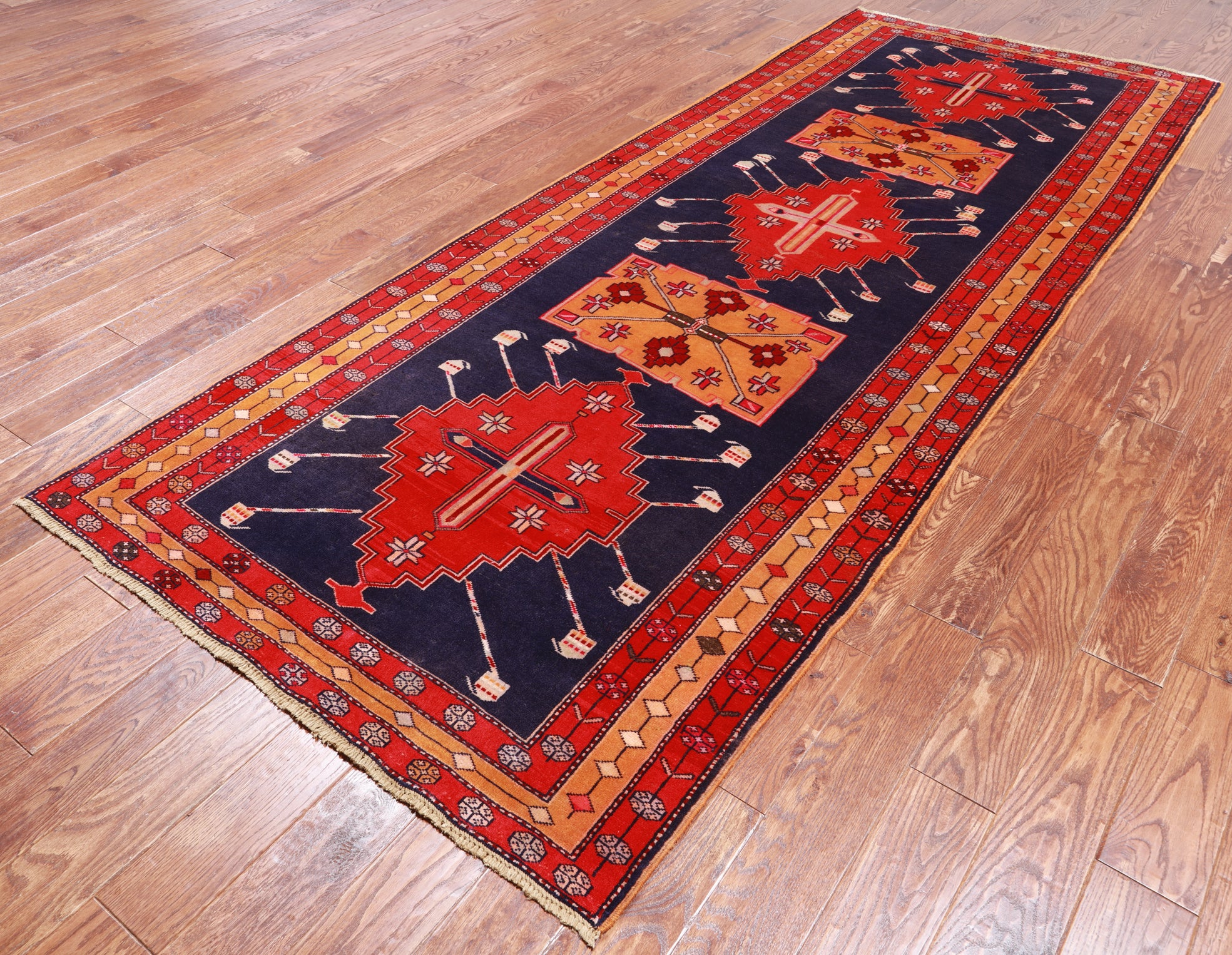 Navy Blue Vintage Persian Hand Knotted Wool Runner Rug - 4' 4" X 10' 8"