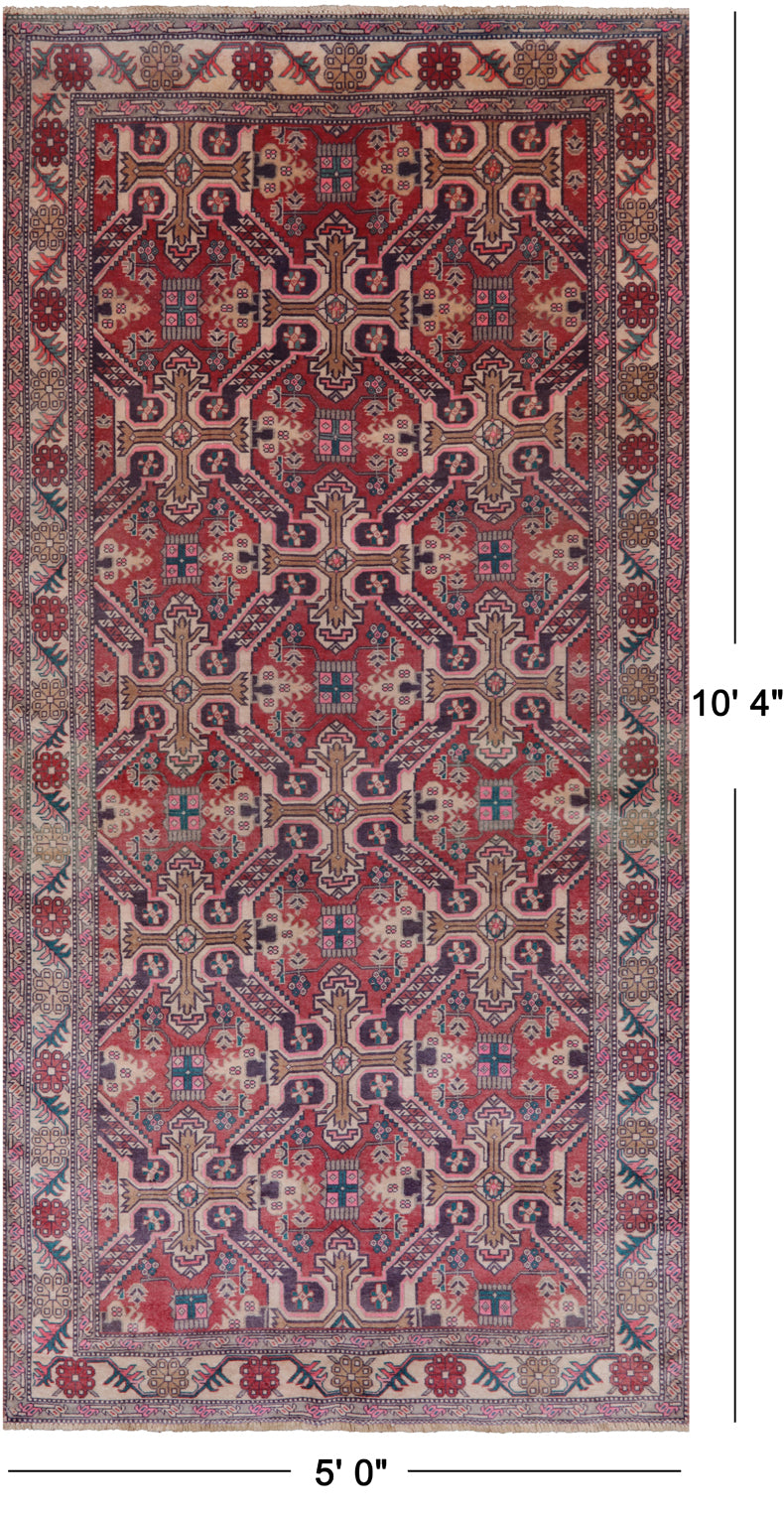 Red Vintage Persian Hand Knotted Wool Rug - 5' 0" X 10' 4"