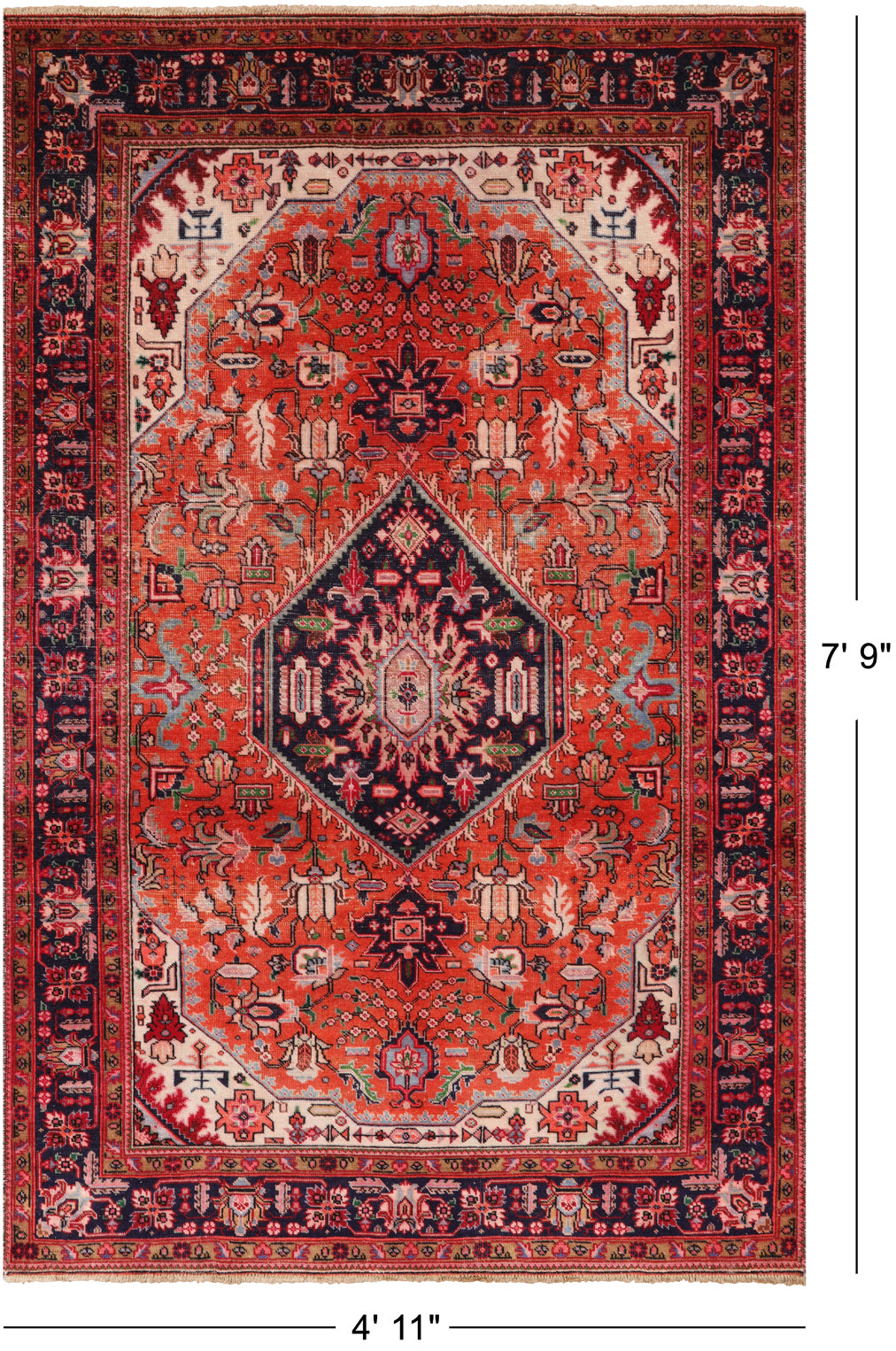 Rust Vintage Persian Heriz Serapi Handmade Wool Rug - 4' 11" X 7' 9"