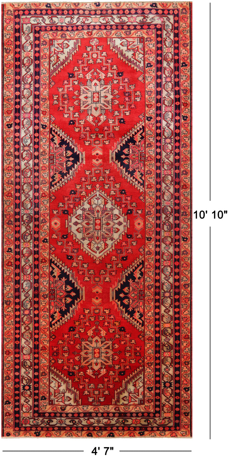 Red Vintage Persian Hand-Knotted Wool Rug - 4' 7" X 10' 10"