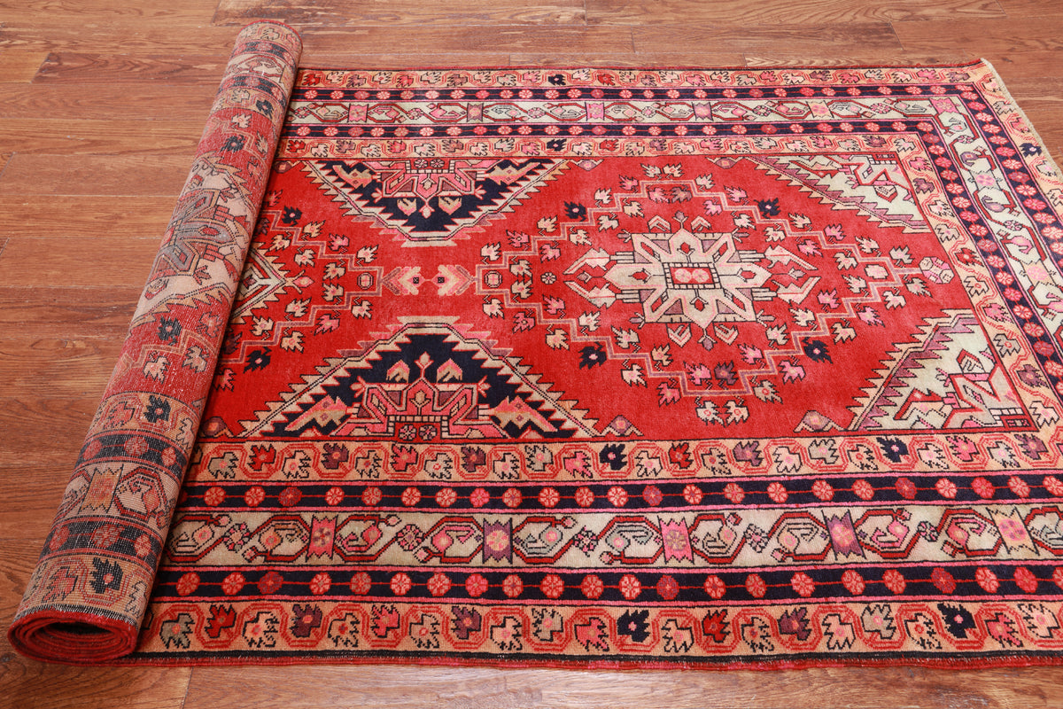 Red Vintage Persian Hand-Knotted Wool Rug - 4' 7" X 10' 10"
