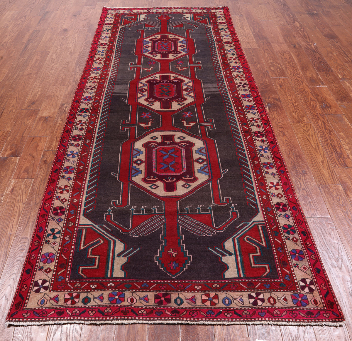 Grey Vintage Persian Handmade Wool Runner Rug - 4' 4" X 10' 3"